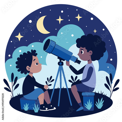 Young children silhouetted against a starry sky, pointing a telescope towards the vast universe, inspiring awe.