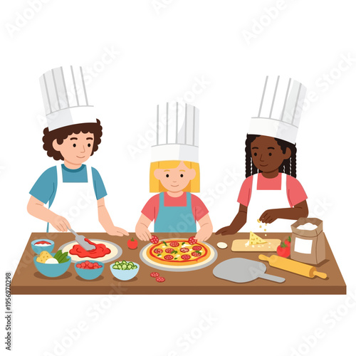 Children Making Pizza Together Wearing Chef Hats, Fun Cooking Activity for Kids