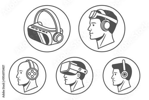 Virtual reality headsets and people wearing vr goggles