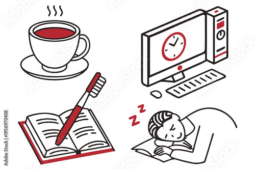 Of a sleeping man with a computer clock and a cup of coffee book toothbrush