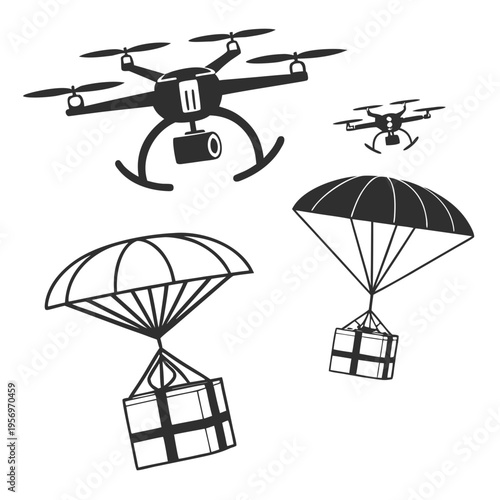 Drones and parachutes delivering packages from above delivery aerial