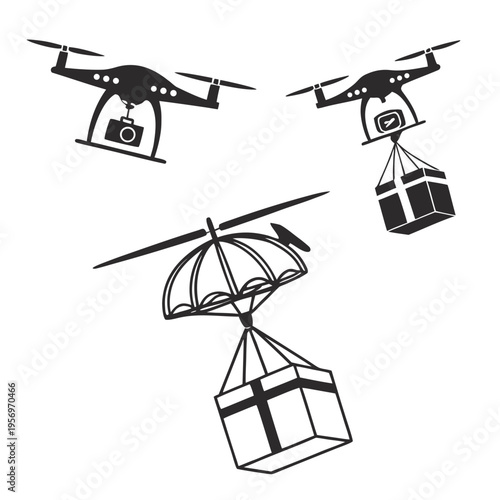 Drones carrying packages with parachutes in flight delivery aerial