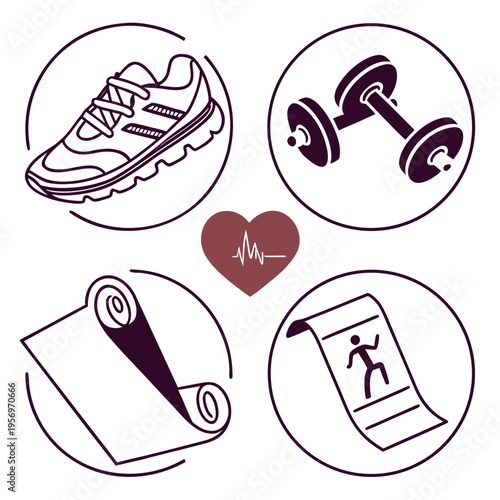 Fitness including shoe dumbbell yoga mat and heart rate exercise workout sports