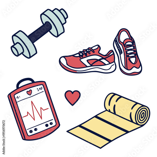 Colorful fitness with heart rate monitor and mat exercise workout sports