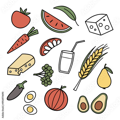 Colorful food with various food nutrition symbols healthy eating meal planning dietary food signs