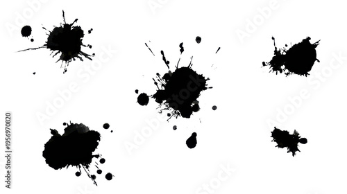 Black ink blots and messy paint splatters creating a grunge border, abstract liquid drops, and artistic graphic elements with a transparent background