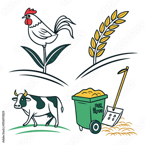 Farm animals and equipment rooster trash can shovel wheat