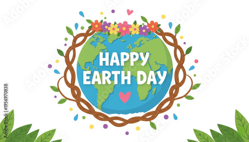 Happy Earth Day Celebration Globe with Flowers and Leaves for Eco Friendly Marketing and Green Business Promotion