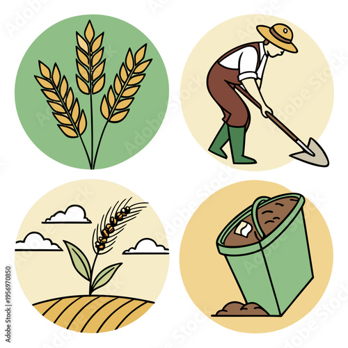 Farming including farmer and wheat bucket soil