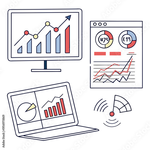 Business data analysis and statistics on computer screens finance
