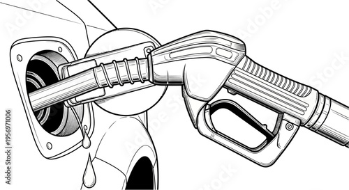 A gas pump nozzle filling a car's fuel tank with drops of gasoline dripping from the opening.