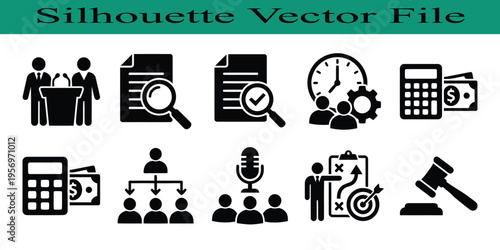 Black and white business related icons on white background