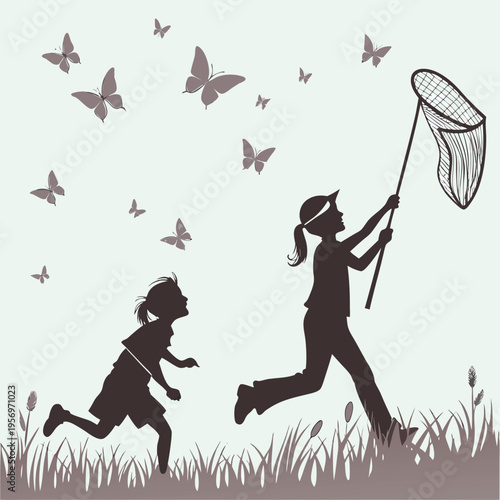 Joyful children silhouettes playfully pursue butterflies across a vibrant meadow under a warm evening sky.