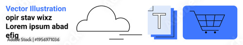 Cloud computing, digital storage, e-commerce, online transactions, data management, and digital communication. Icons include a cloud, text document stack and shopping cart. Cloud computing