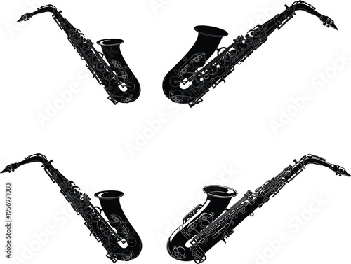 Detailed black and white saxophone vector illustration set featuring various musical instrument silhouettes for jazz music concert