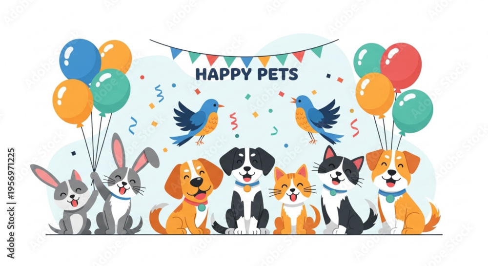Fototapeta premium Joyful group of diverse cartoon pets including happy dogs playful cats and cute rabbits celebrating a festive occasion with colorful balloons and cheerful bunting flags overhead
