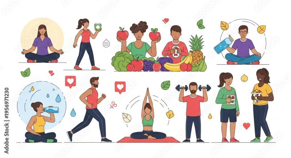 Fototapeta premium Diverse group of people embracing healthy lifestyle with yoga exercise meditation and fresh organic fruits and vegetables promoting wellness and vitality in a vibrant colorful