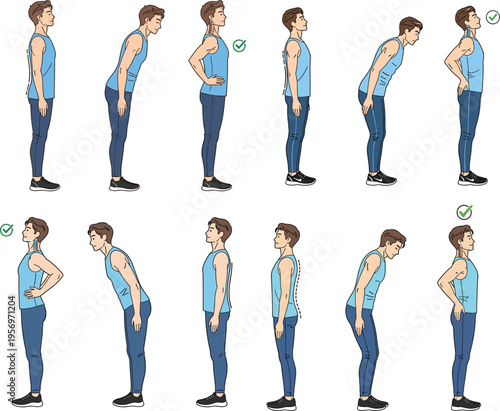 Flat vector illustration showing correct and incorrect body posture for standing with ergonomic spine alignment