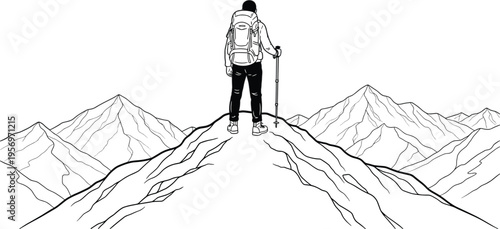 Minimalist black and white line art vector of a hiker with backpack standing on mountain peak at summit achievement