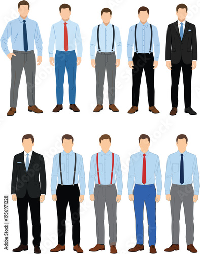 Set of flat vector male characters wearing formal business clothing including suits blue shirts neckties