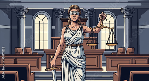 Vector illustration of Lady Justice in a courtroom