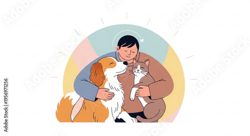 Warm embrace of a person holding a fluffy golden dog and a contented cat conveying unconditional love companionship and the joy of pet ownership set against a soft abstract pastel