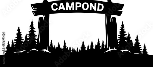 Vector silhouette of wooden archway with pine trees