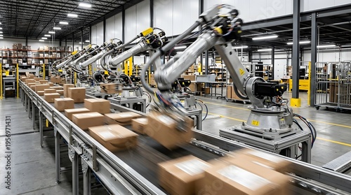 Industrial robotic arms picking and placing cardboard boxes on a moving conveyor belt in a large-scale automated fulfillment center and logistics warehouse facility.