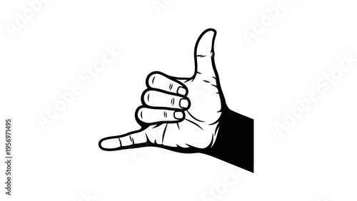 Hand gesture 'call me' or 'shaka' sign, black and white illustration, isolated on white background.