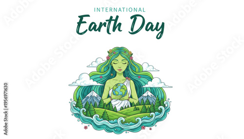 International Earth Day Mother Earth Protecting Globe Eco Friendly Nature Sustainability Illustration