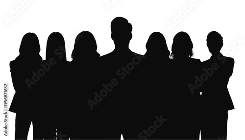 A large collective of seven business figures stands strongly together forming a dark shadow graphic shape.