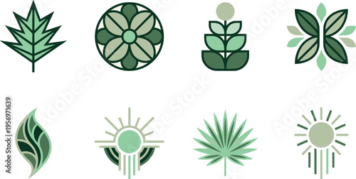 Collection of green botanical and sun inspired icons, modern nature vector set, eco friendly symbols for organic branding and environmental design