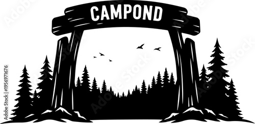 Vector illustration of camping archway with forest and birds