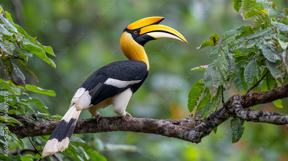 Obraz premium Great hornbill perched on a tree branch in tropical forest, vibrant yellow casque and striking black white plumage in natural wildlife setting