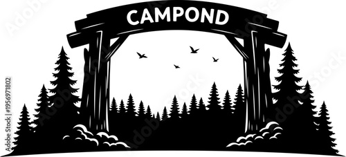 Vector illustration of campground entrance gate with trees and birds