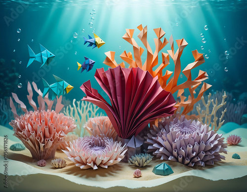 Vibrant coral reef constructed of folded colorful origami paper