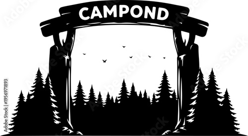 Vector illustration of campsite entrance sign with trees