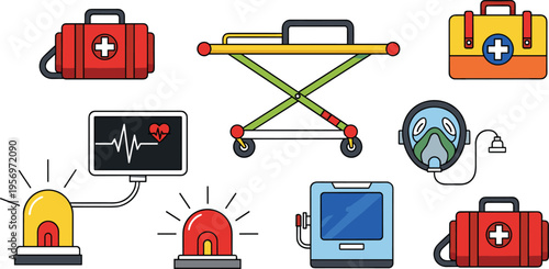 Emergency Medical Equipment Icon Set with First Aid Kit Stretcher Heart Monitor Oxygen Mask Alarm and Healthcare Tools Vector Illustration Isolated on White