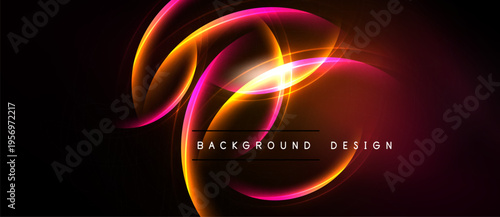 Abstract neon lights form swirling shapes. Vivid orange, pink hues contrast dark background. Text reads background design.