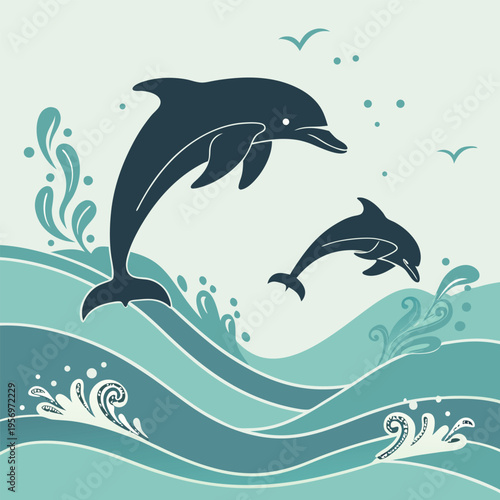 Dynamic silhouette of two dolphins breaching through ocean waves, evoking a sense of exhilaration and natural beauty.