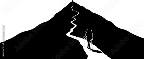 Vector illustration of hiker on mountain path silhouette