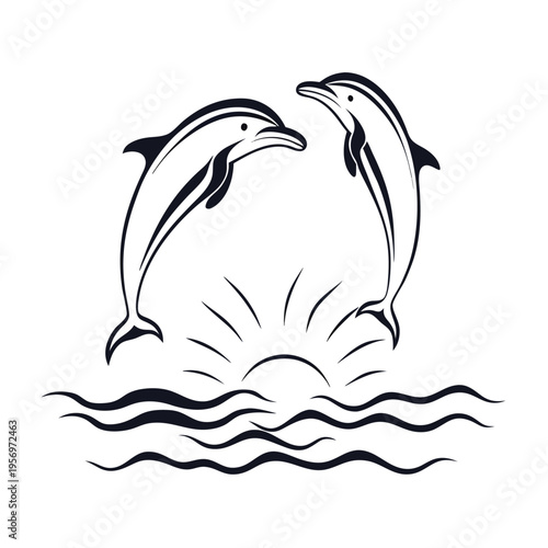 Silhouette illustration featuring two dolphins leaping energetically over the crests of blue ocean waves.
