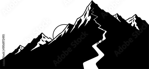 Vector mountain range silhouette with sunrise