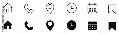 Basic UI Icon Set Home Phone Location Clock Calendar Bookmark Symbols