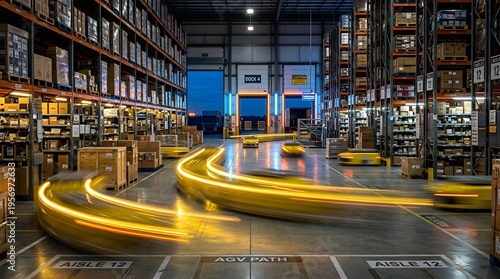 Automated logistics warehouse interior featuring light trails from moving autonomous guided vehicles between high storage pallet racks, loading docks, and designated floor paths.