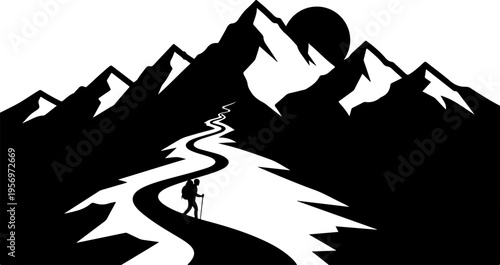 Vector silhouette of hiker on mountain road at sunset