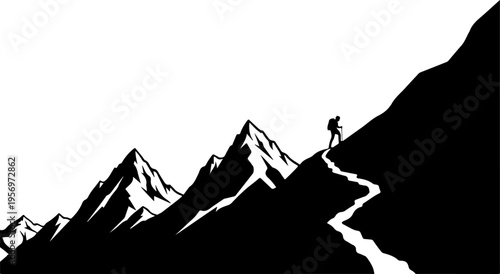 Vector silhouette of a hiker on a mountain peak landscape