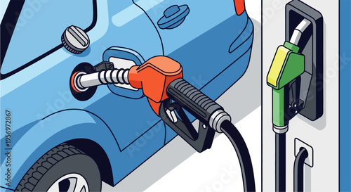 Blue car being refueled at a gas station with a red and black fuel nozzle inserted into the tank.