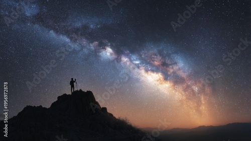 astronomer awe, an astronomer standing against a stunning night sky, gazing in awe, emphasizes the vastness of the cosmos and human contemplation