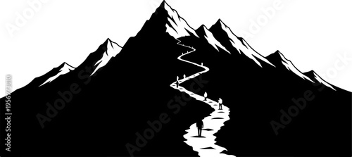 Black silhouette of mountain range with winding river vector